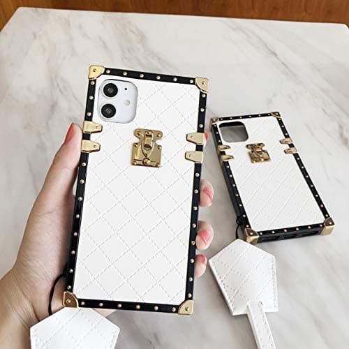 Fashion TPU Leather Square Trunk Case for iPhone 6/6 Plus/iPhone 7/7 Plus/iPhone 8/8 Plus/iPhone X/Xs/XR/Xs Max Flexible Cover Shockproof Protection Case (White, iPhone 7 Plus/ 8 Plus)