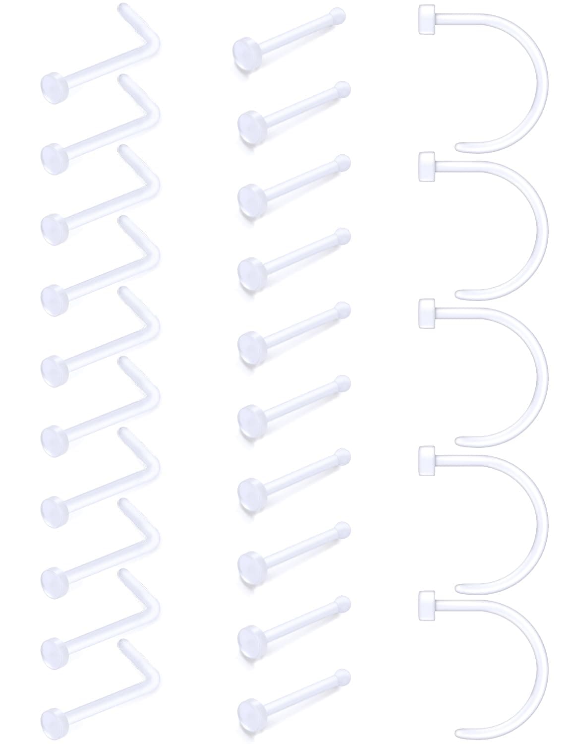 Cisyozi20G 18G Clear Plastic Nose Ring Stud Piercing Retainer for Surgery Flexible Flat Top Nose Stud Acrylic Bendable Nose Stud Piercings for Work Sport 2mm Tops