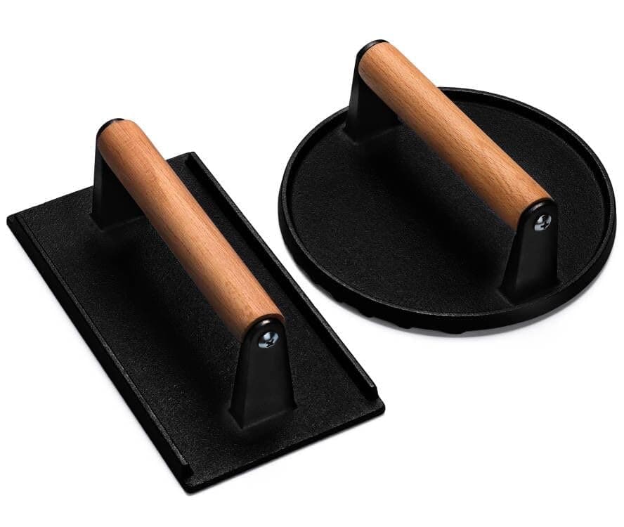 EWFEN Burger Press, 7" Round & 8.2"X4.3" Rectangle Heavy-Duty Cast Iron Smash Bacon Press Meat Steak with Wood Handle for Griddle, Sandwich, Nonstick Pan, XIKE-0063US