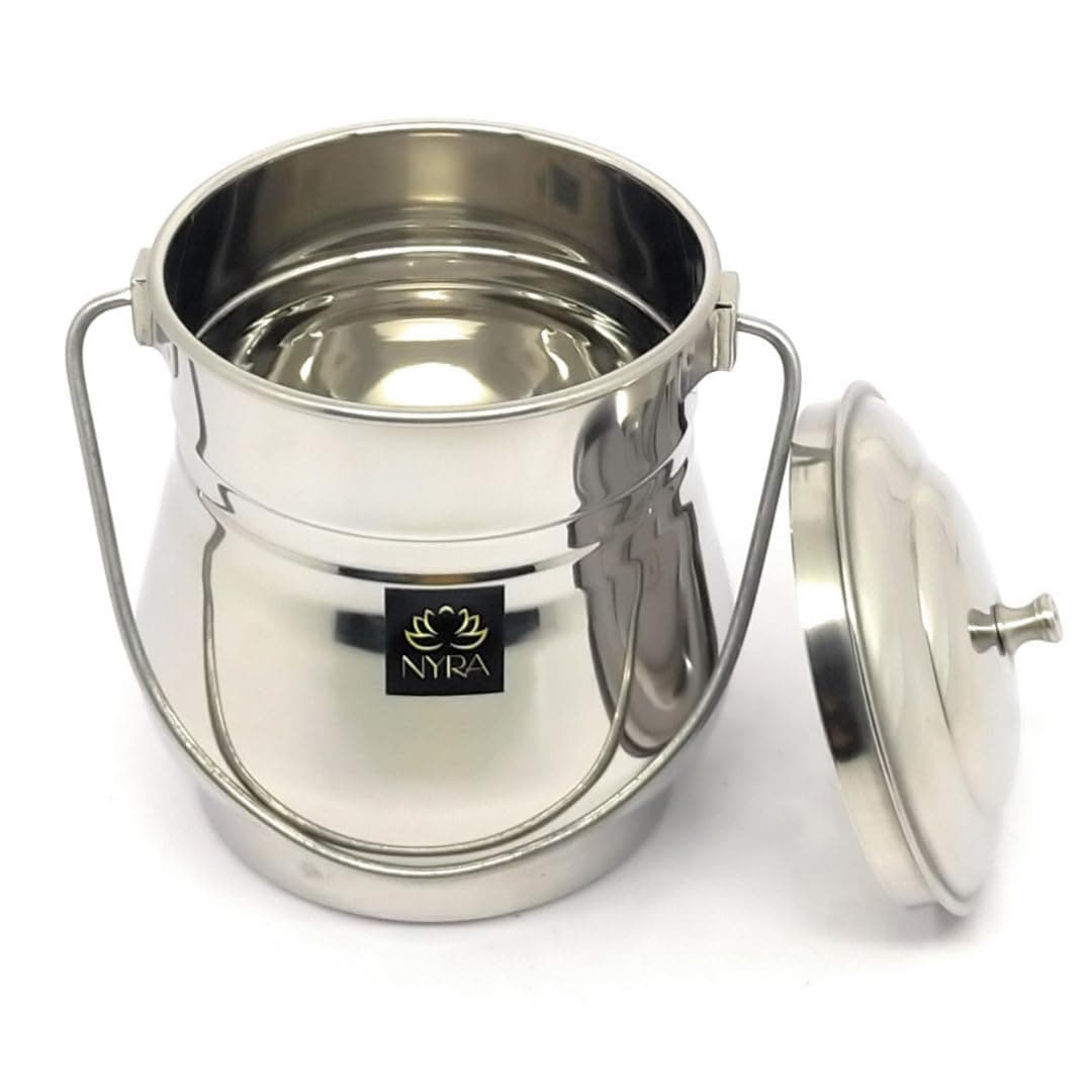 NYRA® Stainless Steel Milk Pot/Container with lid | Flat Bottom dolu for ghee, Oil, Curd, Grains, pulses | dolchi for Milk (1.3 Cylindrical, 1, Stainless Steel Multipurpose Container)