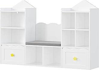 FACBOTALL Kids Bookshelf with Reading Nook, Kids Bookcase with Soft Cushion Seat, 2 Wheels Drawers and 8 Storage Cubbies, Toy Storage Organizer for Kid's Room Playroom, Bedroom, School, White