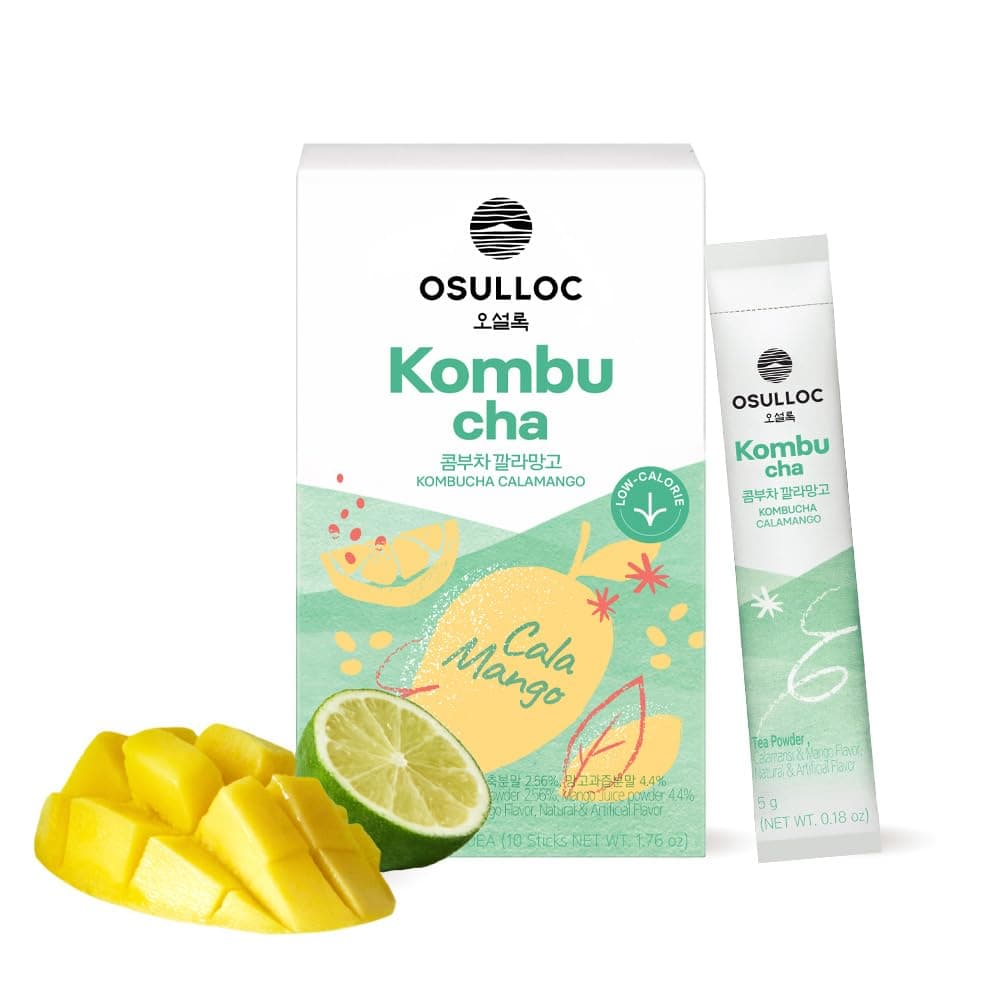 Osulloc Kombucha Tea Calamango (Calamansi & Mango Blending), Sparkling Powdered Mix Beverage, No added sugar, 10 Sticks, 1.76oz