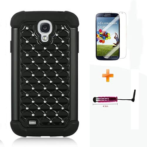 Multi Color Samsung Galaxy S4 IV i9500 S4 Studded Armor Dazzling Diamond Hybrid Silicone Hard Stars Case Cover,Premium Dual Layer Hybrid Back Cover Case Protection for with Bling Diamond Rhineston,Diamond Element Gypsophila Combo Hybrid Hard Case Cover for Galaxy S4 I9500 (Black+Balck)