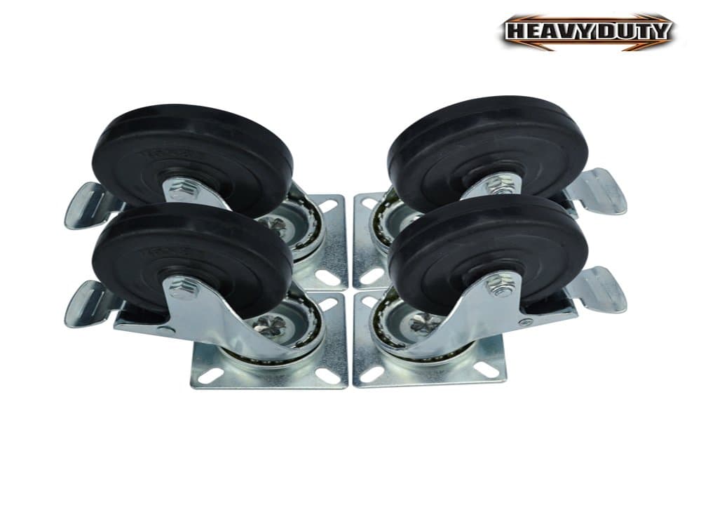 Heavy Duty Caster Wheels Polyurethane Rubber with Top Plate & Bearing Heavy Duty with Total Lock Brake Pack of 4 Black by Dokan llc (3" With Brake)