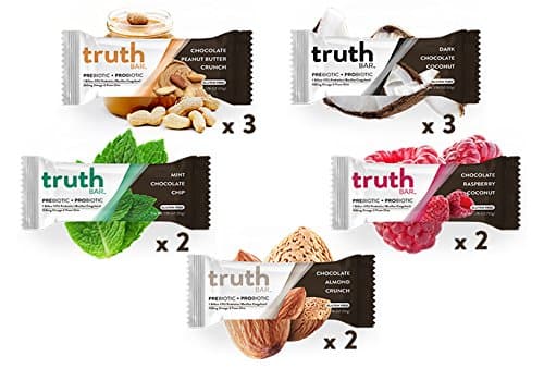 Truth Bar (Prebiotic + Probiotic), 5 Flavors, 12 Bars (Variety Pack) Low Sugar, Diet Support, Gluten Free, High Fiber, Kosher, Soy Free, Non-GMO Nutrition Snack Bar with Premium Dark Chocolate