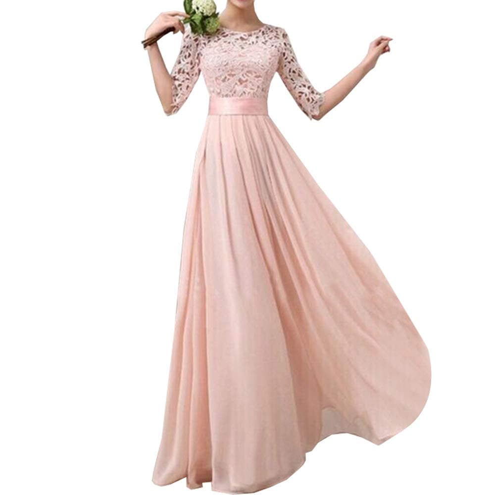 Eiffel Women's Lace Splicing Chiffon Long Maxi Dress Evening Wedding Bridesmaid Gown,Pink,XX-Large