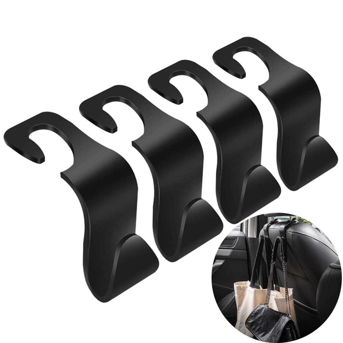 Car Seat Headrest Hooks 4 Pack Backseat Headrest Hangers Storage For Bags - Abs, Black