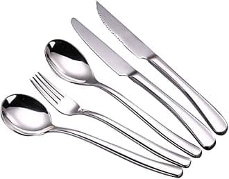Silverware Flatware Cutlery Set, 5/20/30/40/50/60 Pieces Household Stainless Steel Cutlery Set, Steak Knife, Main Table Spoon, Main Table Fork, Dessert Spoon (Silver 12Set)