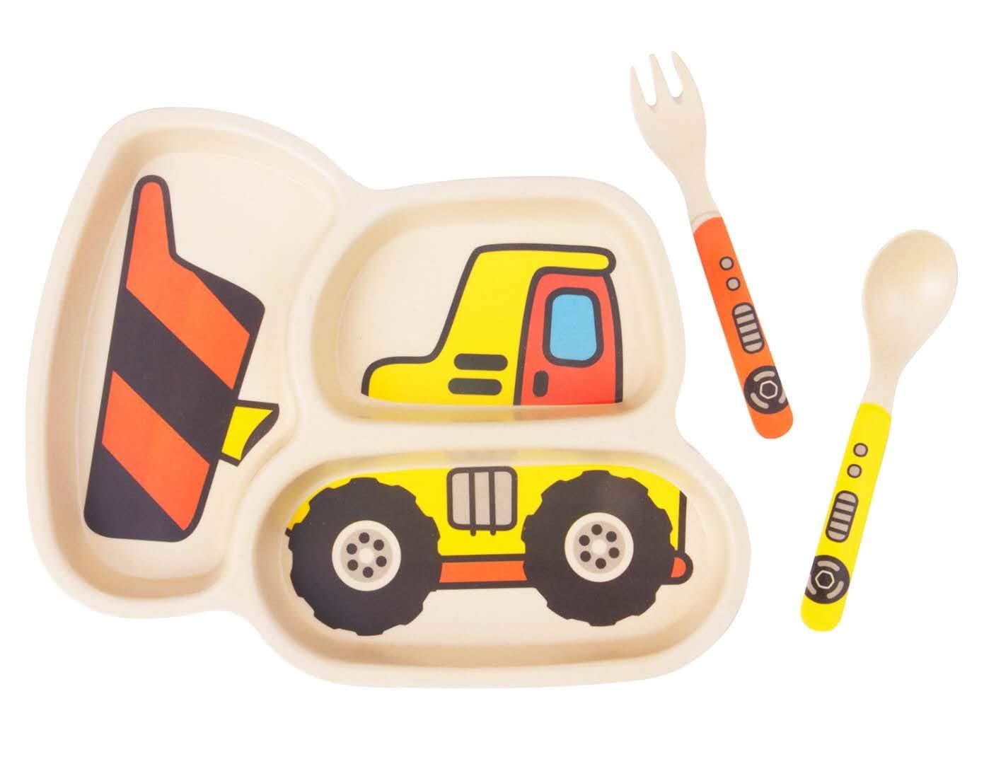 Kid Plate Set Bamboo Toddler Plates Dinnerware Dinner Dish Set Baby Feeding Spill Proof Divided Plate - Baby Spoon and fork 3-Piece Set for Kids and Toddlers Teaches Child Portion Control