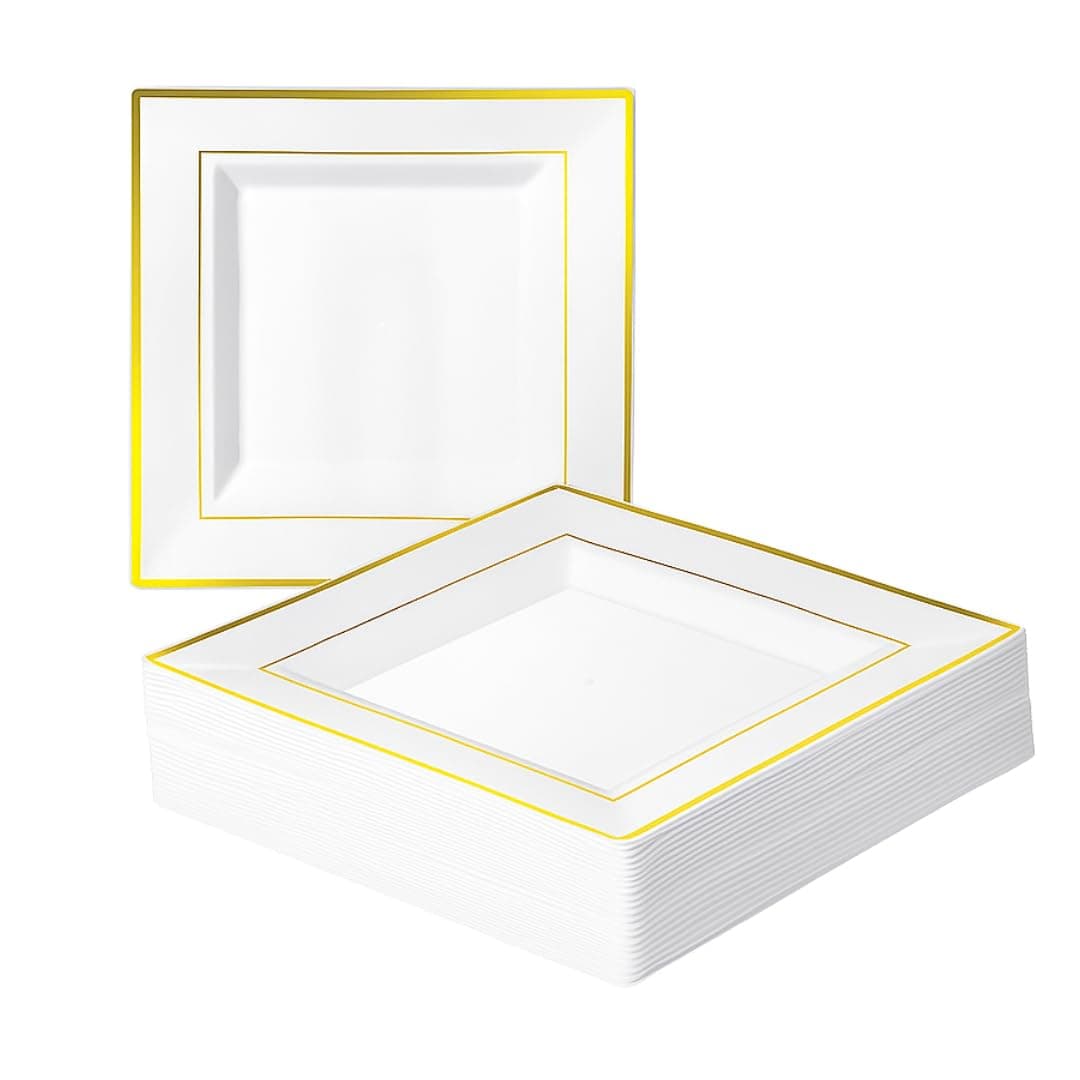 MATANA 20 Premium White Square Plastic Dinner Plates with Gold Rim, 24cm / 9 Inch - Elegant & Reusable Party Plates for Christmas, Weddings, Birthdays, Picnic, BBQ, Parties