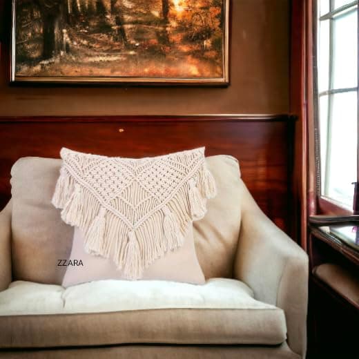 ZZARA Boho Cushion Cover Decorative Macrame Cushion Cover Hand Woven Knitted Square Pillow Cushion Cover 16 x 16 Inches Boho Pillow Case for Sofa Set, Bed, Cotton Canvas Fabric with Tassels