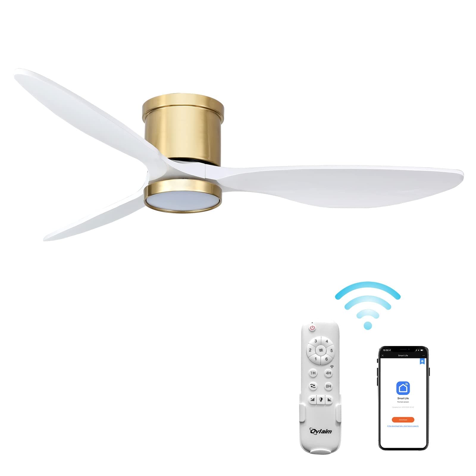 Ovlaim 52 Inch Smart Solid Wood Flush Mount Ceiling Fans with Lights Remote Control, 3 Blade White Gold Modern Low Profile Ceiling Fan for Bedroom Living Room, Quiet DC Motor