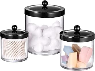 Premium Quality Apothecary Jars - Clear Plastic Storage Jars with Rust Proof Stainless Steel Lids - Bathroom Vanity Countertop Storage Organizer Canister Holder House Decor | Set of 3 (Black)