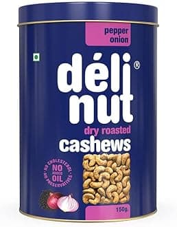 Delinut Pepper Onion Dry Roasted Cashews/Kaju 150g | Savory & Crunchy WW240 Whole Cashew Nuts | Pepper & Onion Flavour | FOST Flavour Lock Technology | Nitrogen Flushed | No Added Oil, Colors or Preservatives