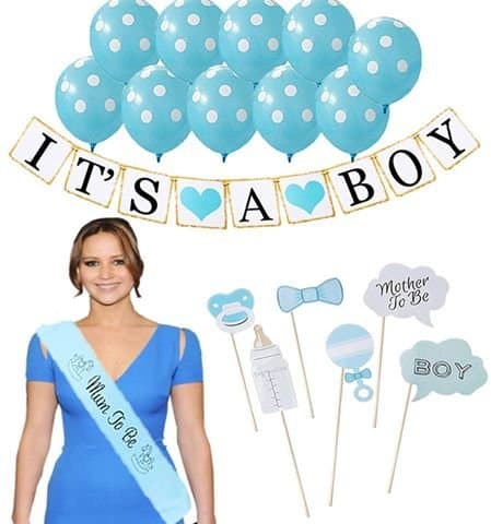 Baby Shower Decorations for Boy Blue 20 PCs: It's A Boy Banner, Mum to Be Sash 6 Photo Props & 12 Dotted Balloons Pregnancy Announcement Gender Reveal Party Pack Supplies Gifts Indoor Nursery