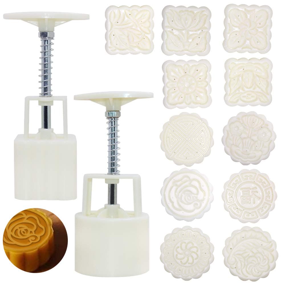 2 Sets Mooncake Mold Press with 11 Stamps, SENHAI Round Flower and Square Flower Decoration Tools for Baking DIY Cake Cookie Biscuit Dessert