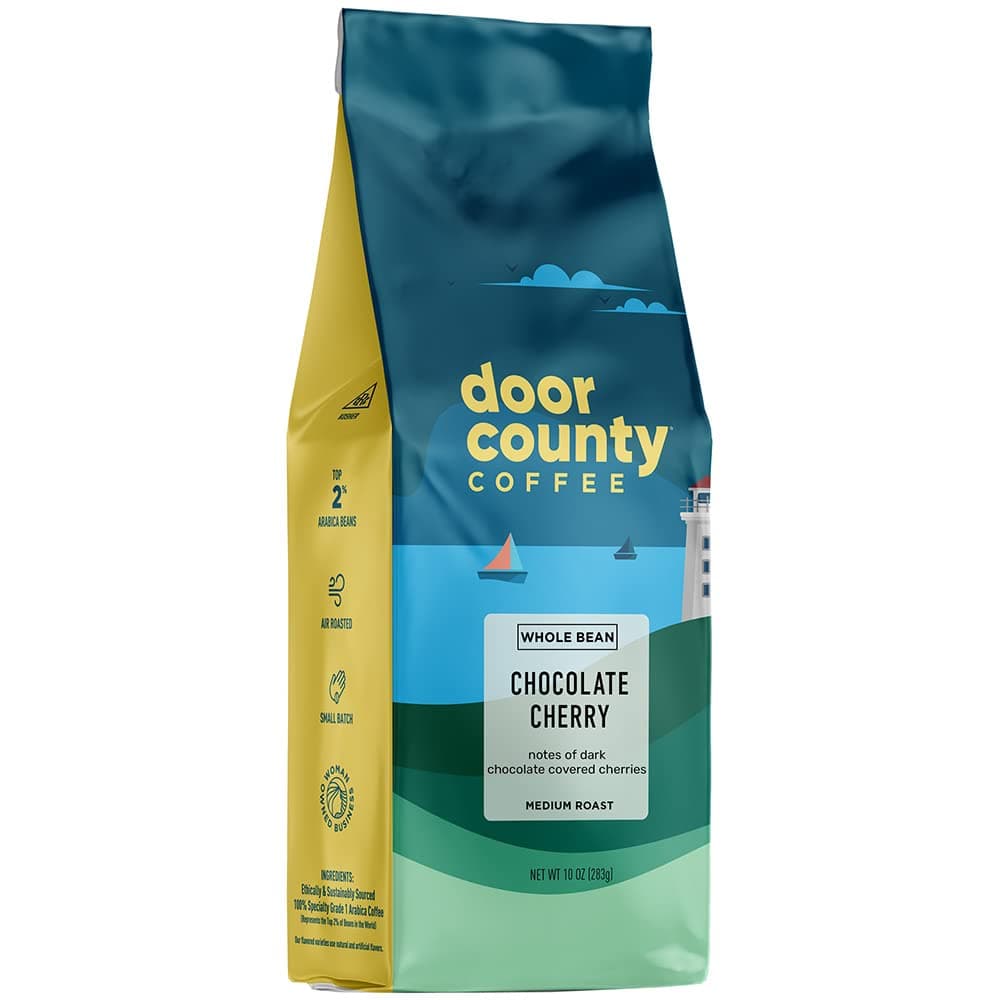 Door County Coffee Chocolate Cherry Flavored Whole Bean - 10 oz Bag - Medium Roast - 100% Specialty Arabica - Flavored Gourmet - Chocolate Cherry