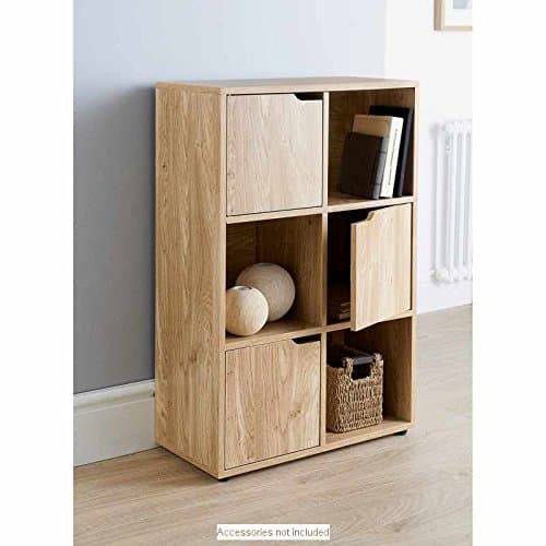 Turin 6 Cube MDF Oak Finish Standing Shelf/Shelves 3 Doors 3 Open Cubes Bookcase Office Home Storage