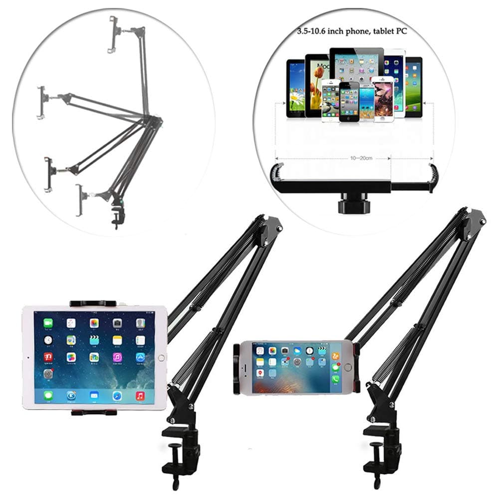Phone & Tablet Stand Bed Mount Holder - 360 Degree Sturdy Metal Arm, Lock Nut, Padded Adjustable Mounting Clamp for iPhone iPad Nintendo Kindle Fire Galaxy Tab 3.6-10.6 Inch Device Gaming Video Chat