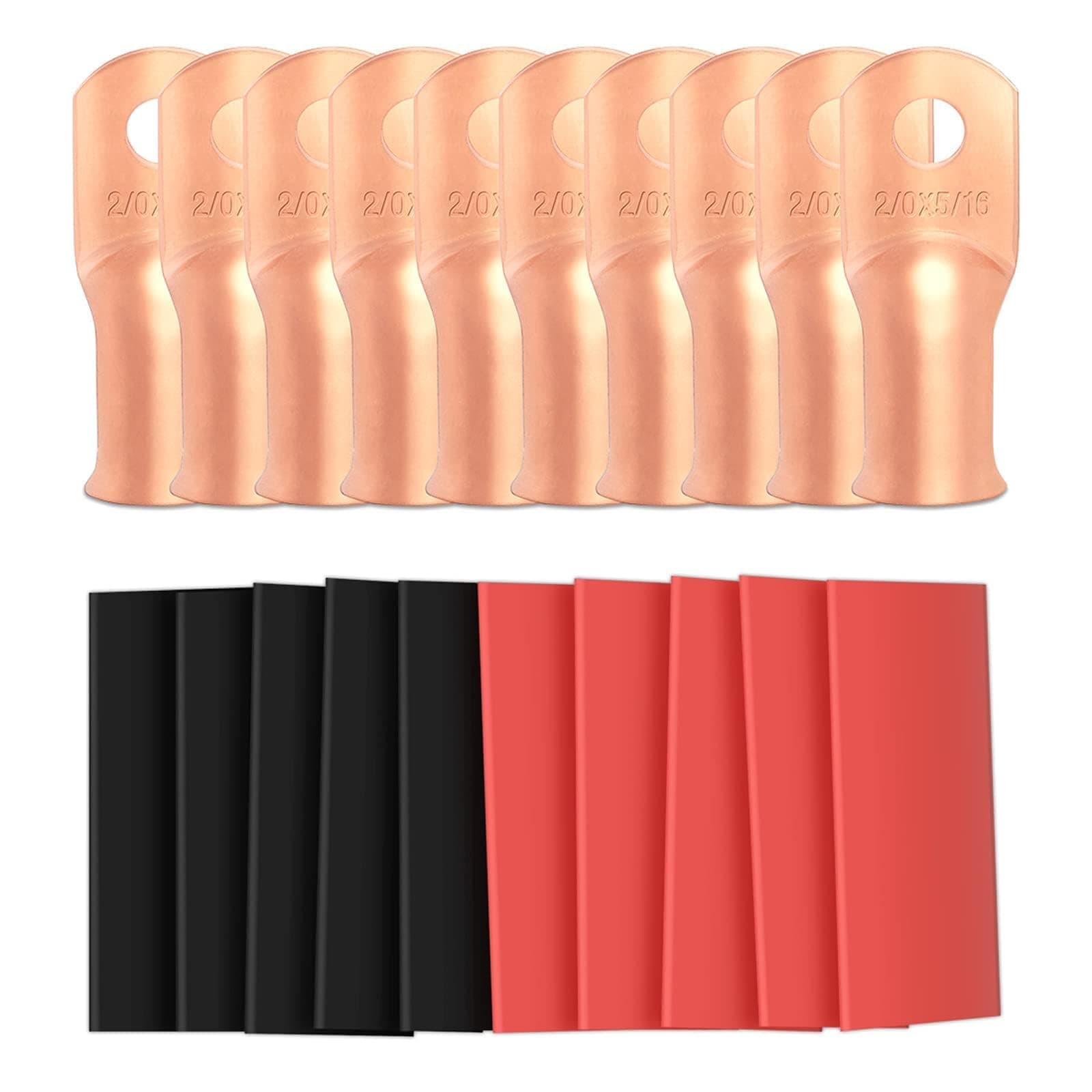 10pcs 2/0 Awg - 5/16" (M8) Sanuke Wire Lugs Ring Terminal Connectors Ends Heavy Duty for Battery Cable Lug Wire Electrical Eyelets with 3:1 Dual Wall Adhesive Heat Shrink