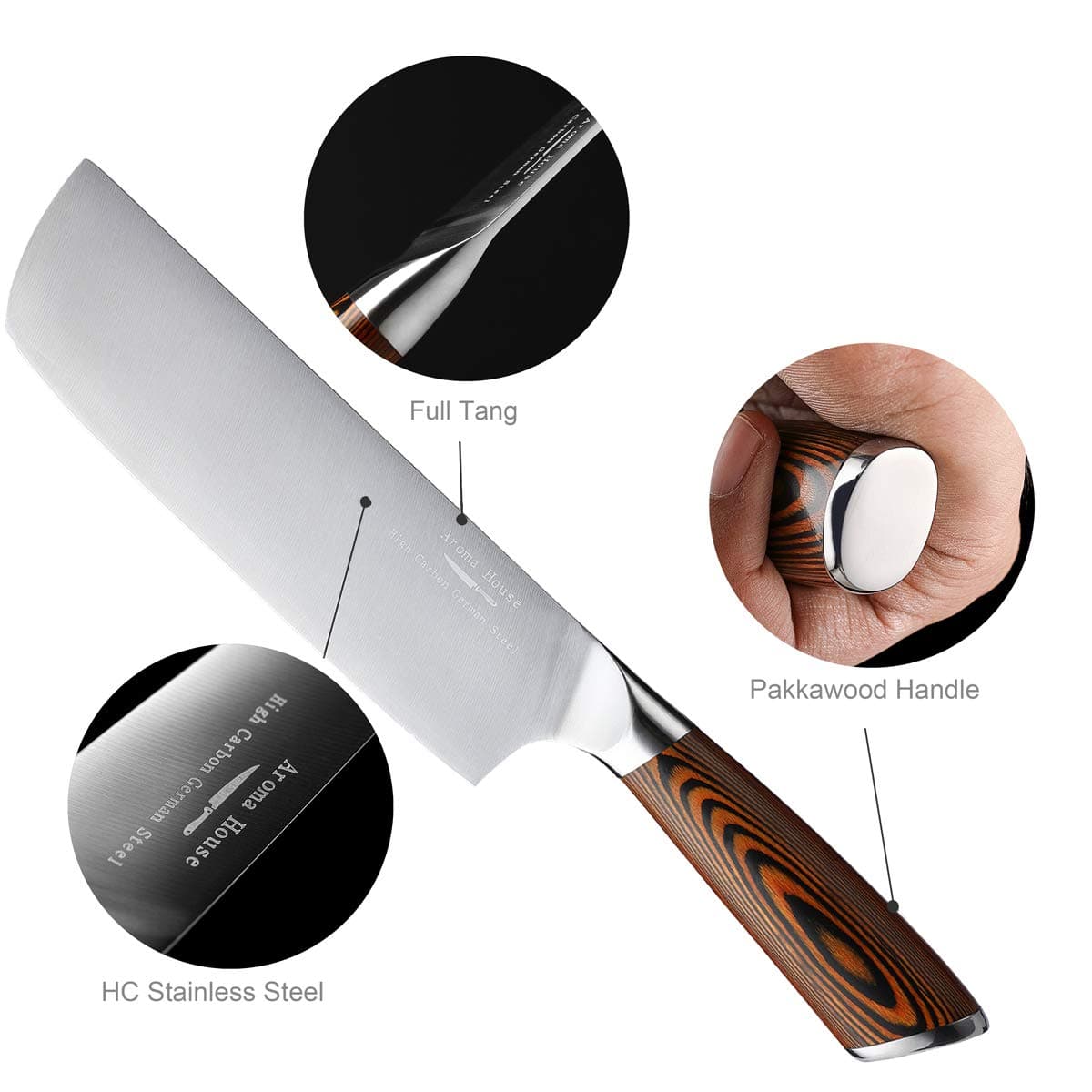 Aroma House Nakiri Knife, 7 Inch, Kitchen Knife, Vegetable Knife, Chef's Knife, High-Carbon Stainless Steel, Ergonomic Handle