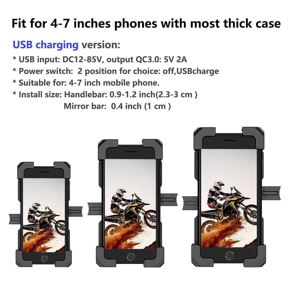 leepiya Motorcycle Cell Phone Mount with USB Quick Charger 3.0 Mount on 2-3CM Handlebar or Rear-View Mirror Fast Charging for 4-7 inch Cellphones
