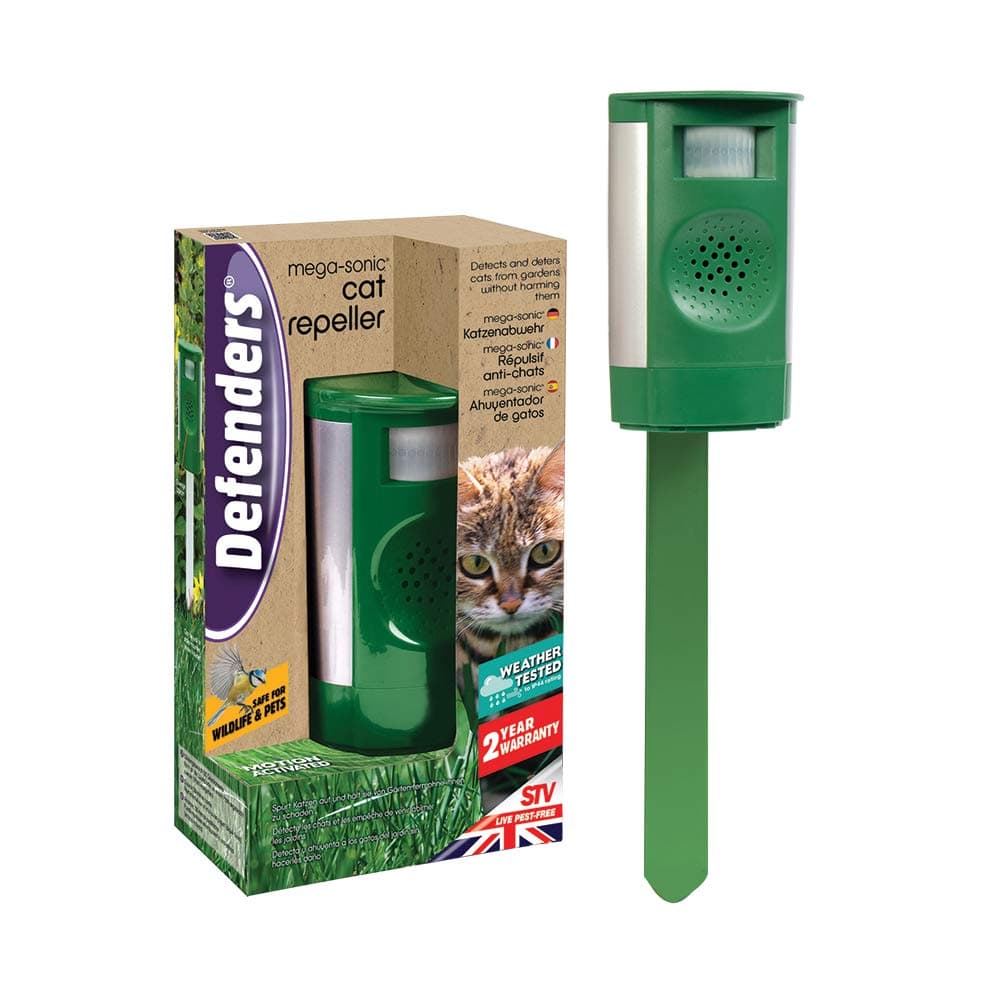 Defenders STV610 Mega-Sonic Cat Repeller, Motion Activated Cat Repellent, Mains and Battery Powered, Green, 120 sq m