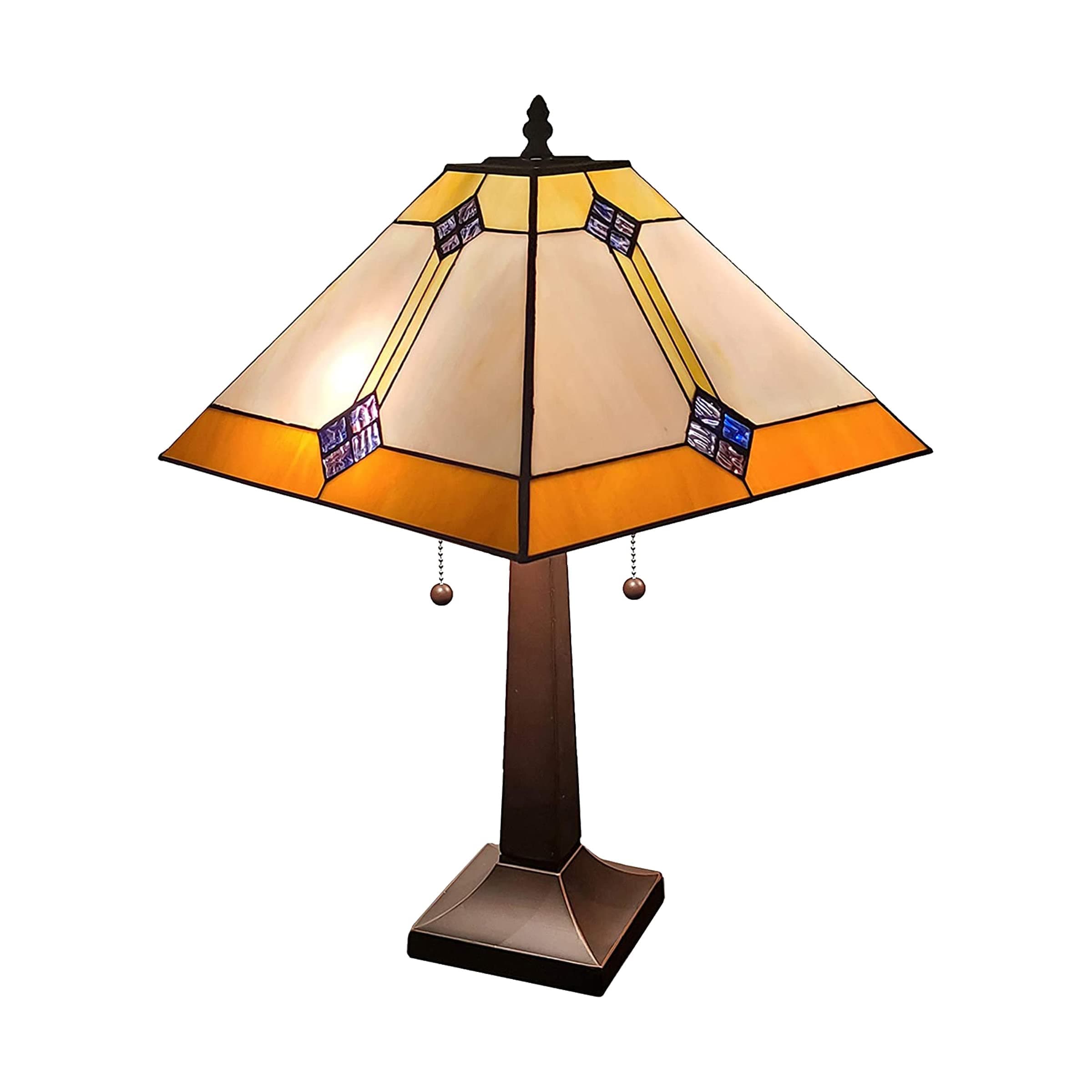 Amora Vintage Tiffany Table Lamp - Geometric Diamond Table Night Light - Yellow and Brown Glass Nightstand Lamp - 21” Tall Stained Glass Lamp