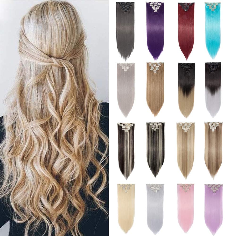 S-noilite 24"/26" Straight Curly Full Head 8 Piece 18 clips Clip in Hair Extensions Long Poplar Hairpiece 8colors (26" straight, Dark Brown & Bleach Blonde)