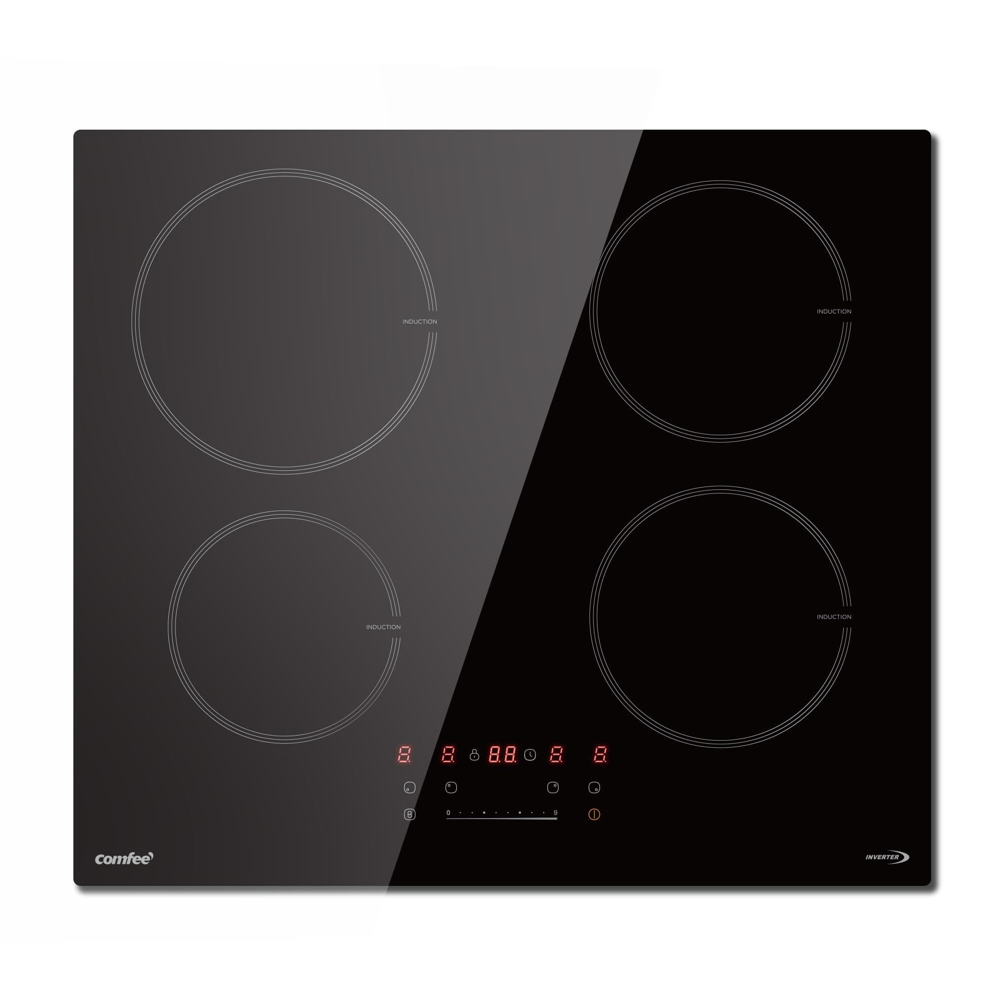 COMFEE' CIH741F238K0 7200W Built-in Induction Hob with 4 Cooking Zones, 9 Power Levels, 20% larger Heating Area with Boost Function, Easy to clean, Touch Control, Child Safety Lock