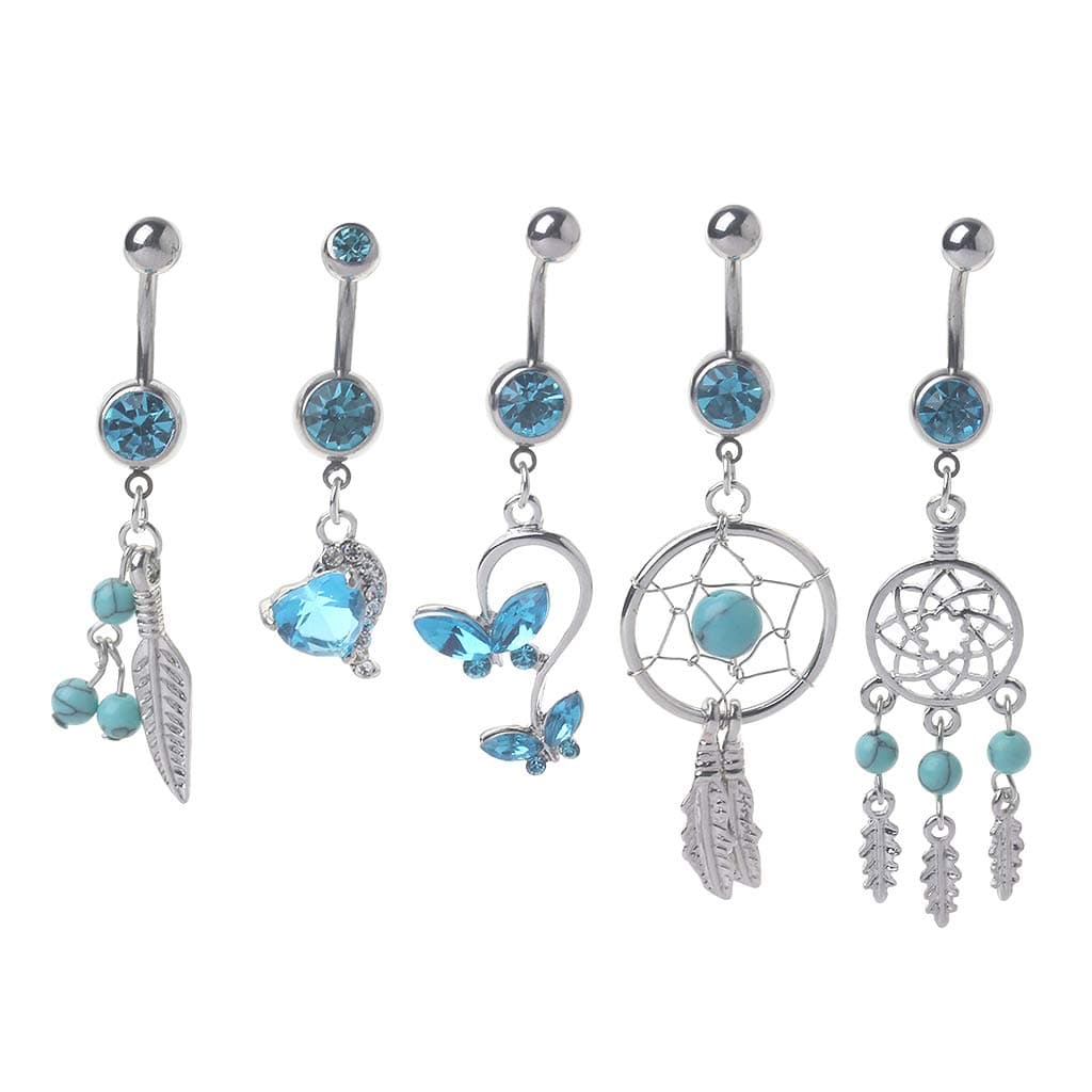 Lovhop Dream Catcher Belly Button Ring Blue Gem Dangle Navel Piercing Body Jewelry 5PCs