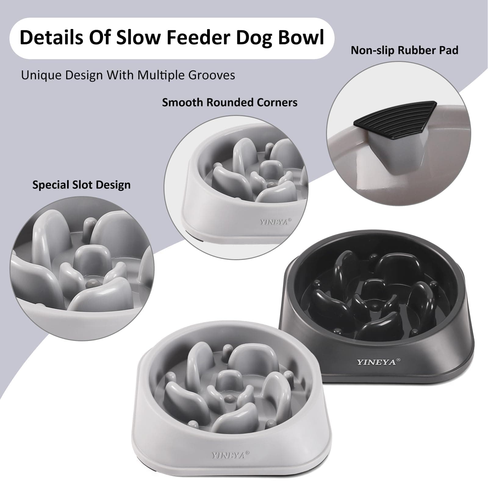 Slow Feeder Dog Bowl Healthy Eating Interactive Bloat Stop Fun Alternative Non Slip Dog Slow Food Feeding Pet Bowl Slow Eating Healthy Design for Small Medium Size Dogs（Gray Black
