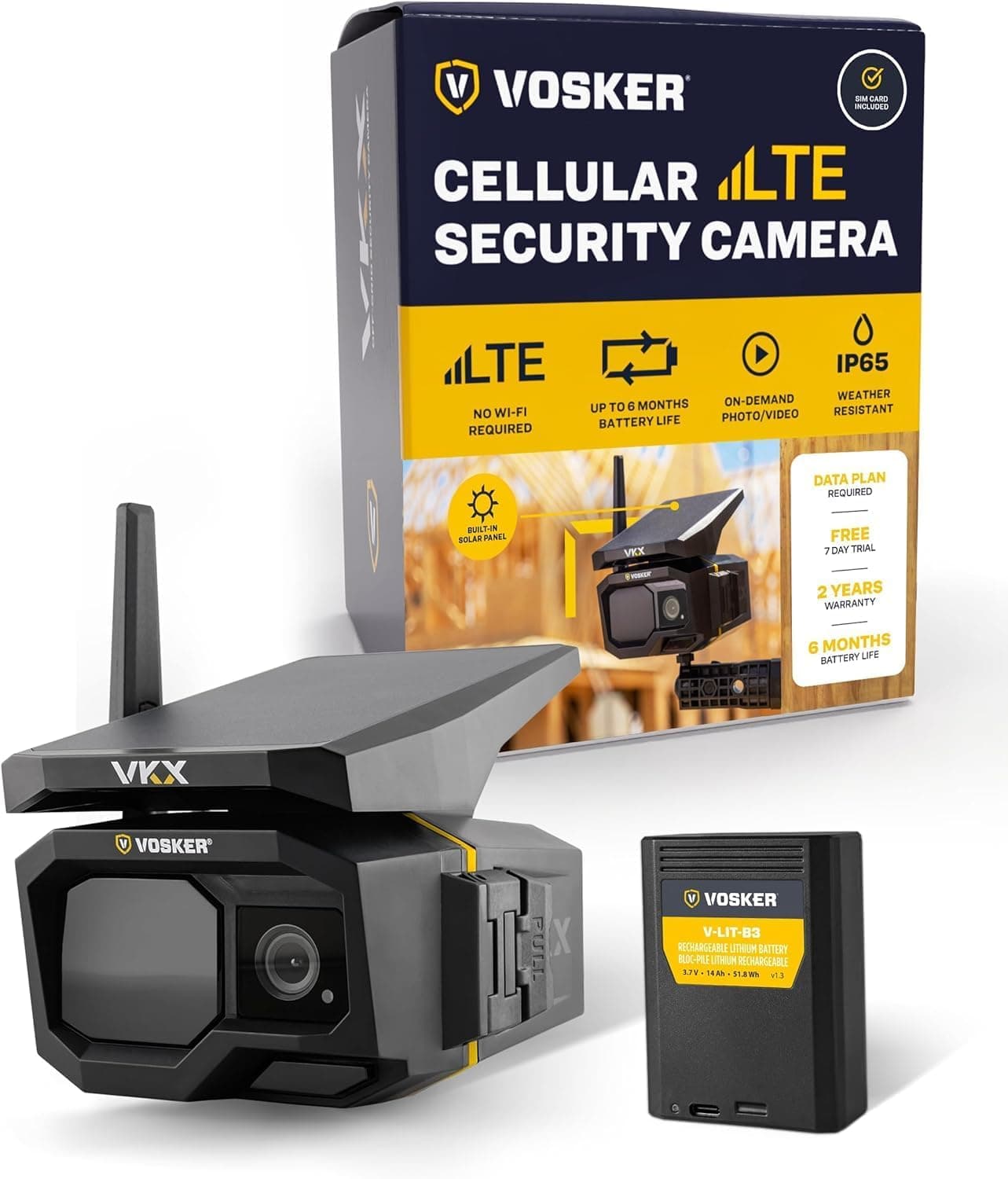 Vosker VKX Solar Powered 4G-LTE Outdoor Cellular Security Camera - No WiFi Needed, Motion Activated, Night Vision, SIM Card Included, On-Demand Mode - 15s Video Clips, IP65 Weather-Resistant