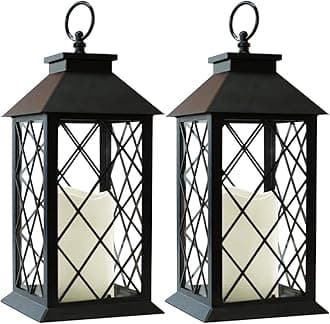 Bright Zeal 2-Pack 13.5" Vintage Candle Lantern with LED Pillar Candle (Black, 6hr Timer) - IP44 Waterproof Battery Powered Candle Lantern - Outdoor Patio Hanging Lantern Decorative Tabletop Lantern