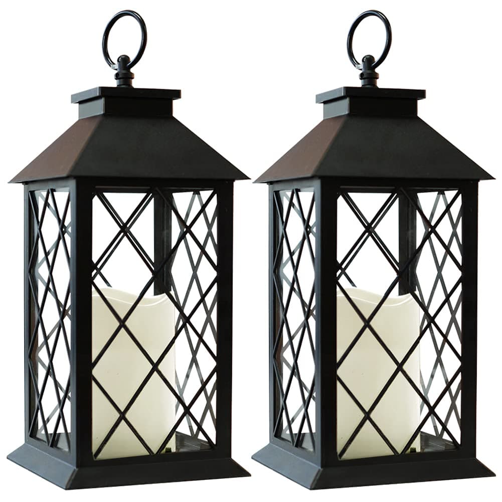 Bright Zeal 2-Pack 14" Vintage Candle Lantern With LED ing Flameless Candle (Black, 6hr Timer) - Battery Powered Candle Lantern Outdoor - Decorative Hanging Lantern For Patio - Tabletop Lantern