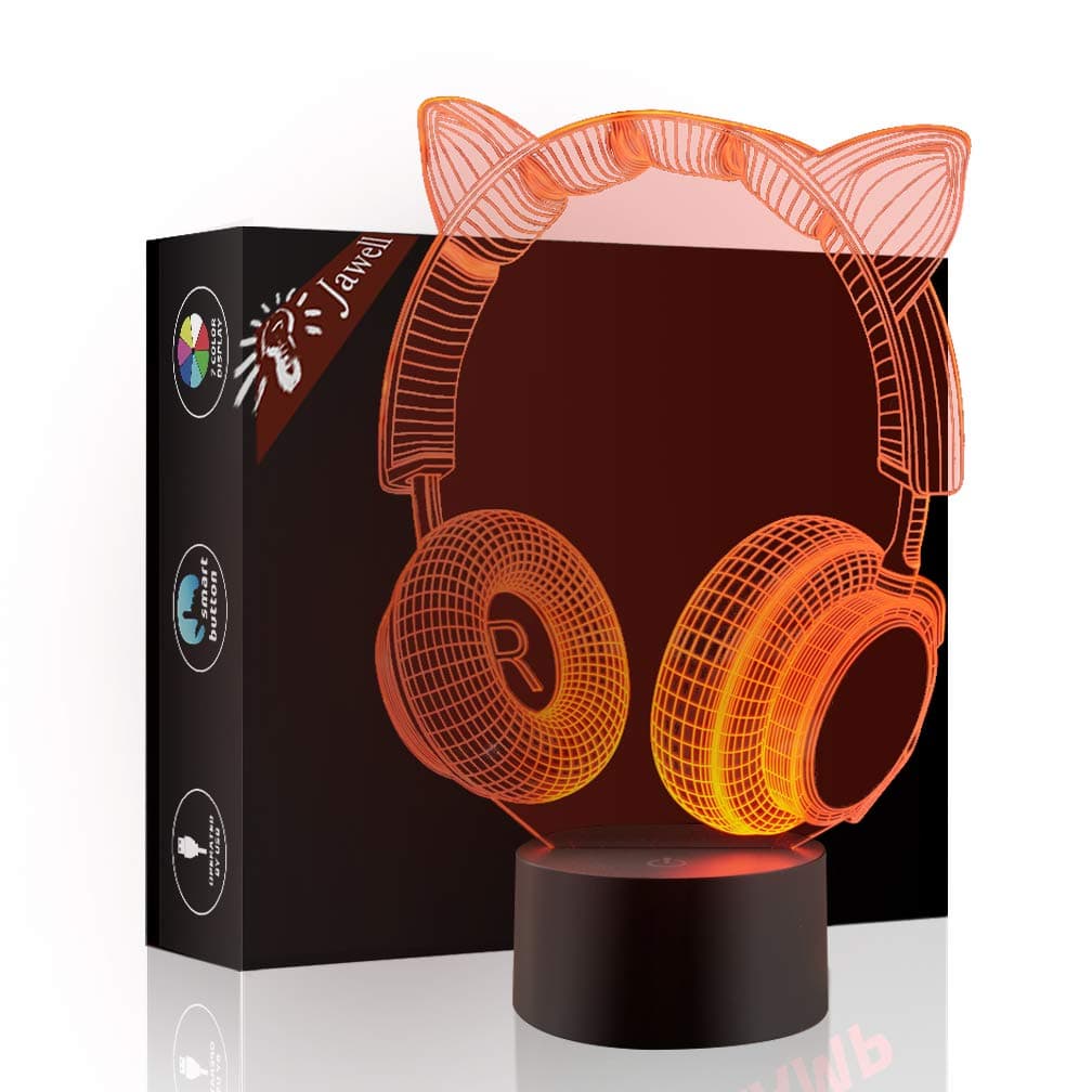 Christmas Gift Cat Ear Phone 3D Illusion Lamp Night Light Beside Table Lamp, Jawell 7 Colors Auto Changing Touch Switch Desk Decoration Lamps Birthday Present with Acrylic Flat & ABS Base & USB Cable [Energy Class A+++]