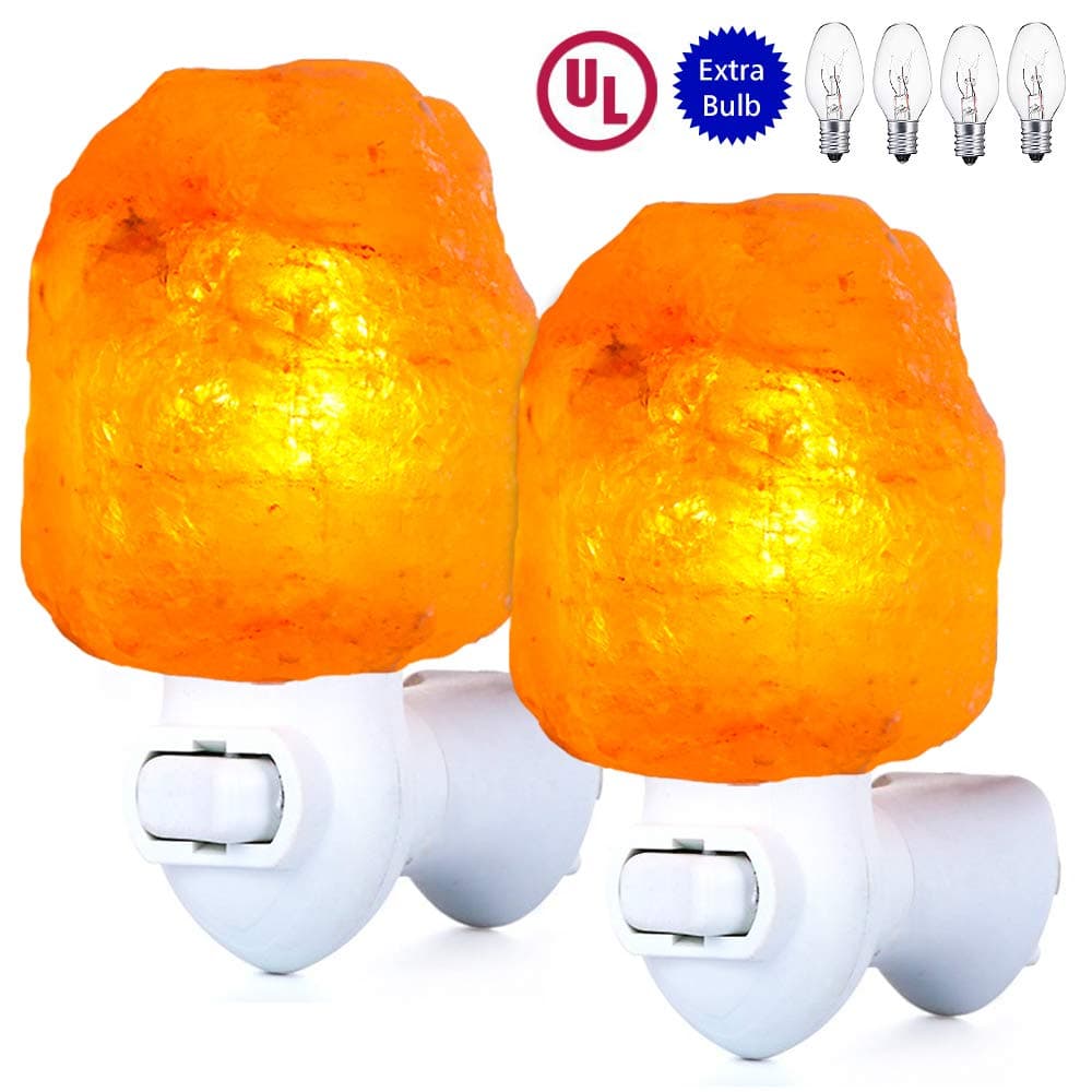 pursalt Himalayan Salt Lamp Night Light Plug in Extra 4 Bulbs Pink Rock Salt Hand Crafted UL certificated 360 Degree Adjustable Wall Plug, Natural Shape 2-Packs