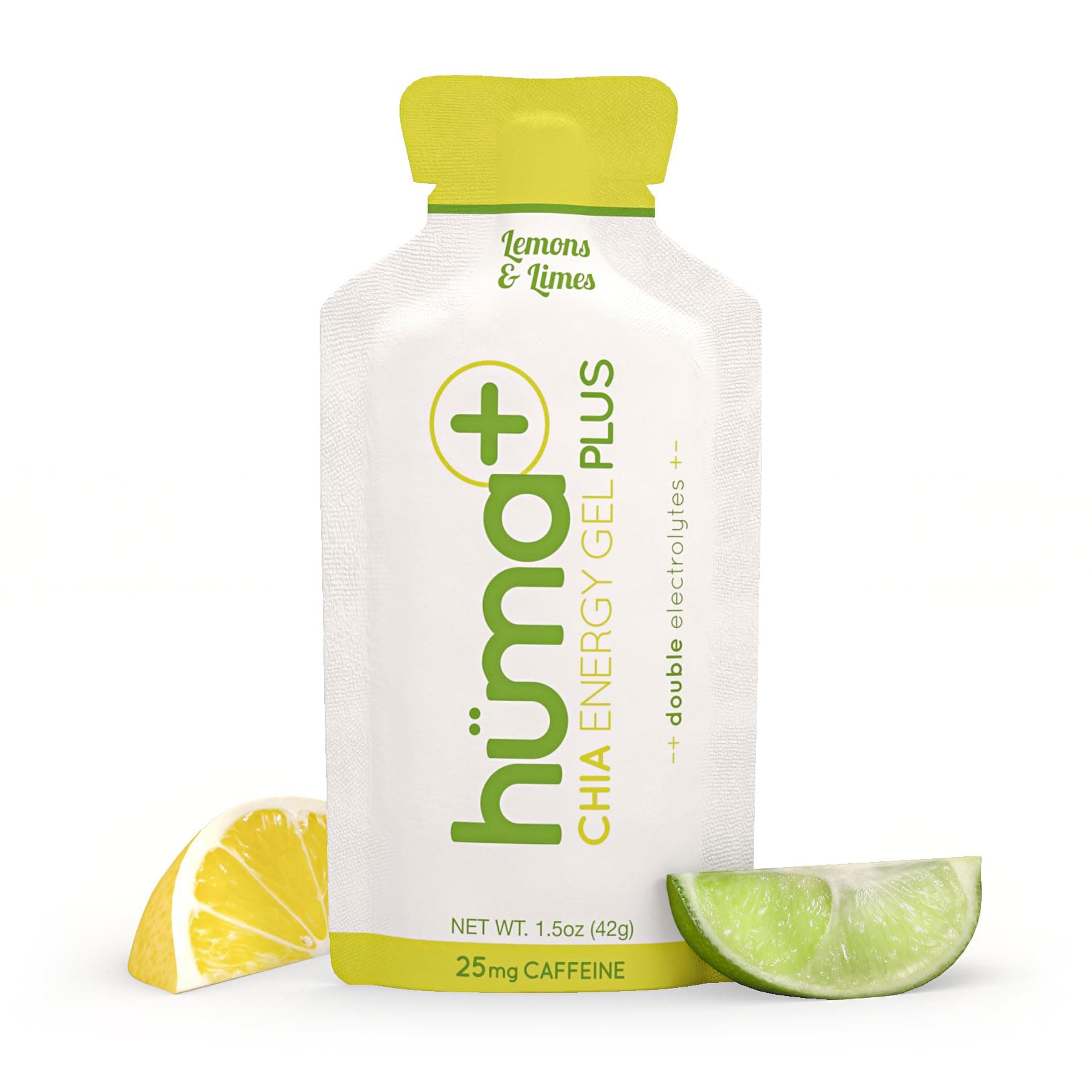 Huma Plus (Double Electrolytes) - Chia Energy Gel, Lemon Lime, 24 Gels, 25mg Caffeine - Stomach Friendly, Real Food Energy Gels