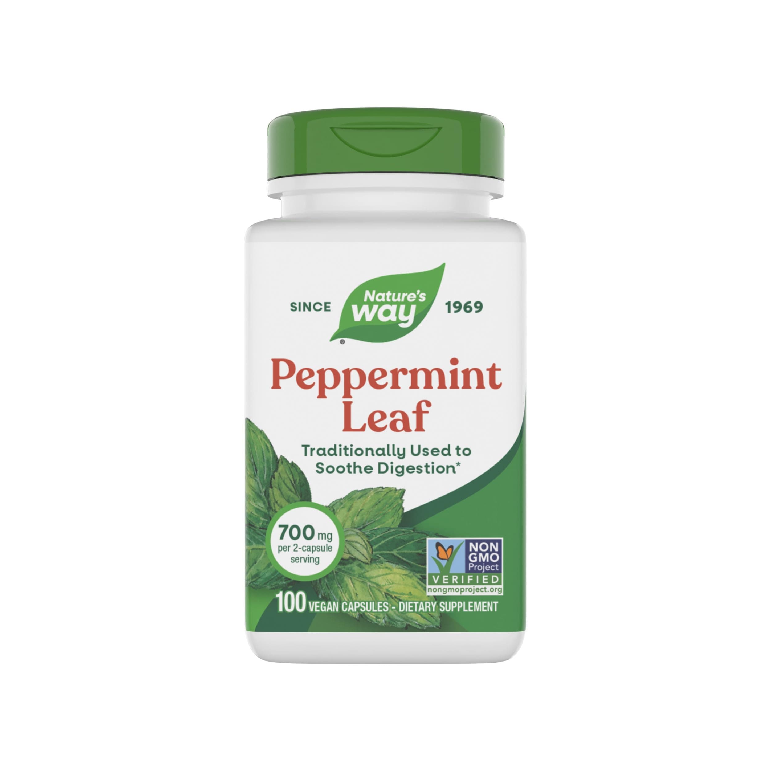 Peppermint Leaf, Traditionally Used to Soothe Digestion*, 700 mg per 2-Capsule Serving, Peppermint Supplement, Non-GMO Project Verified, 100 Vegan Capsules (Packaging May Vary)