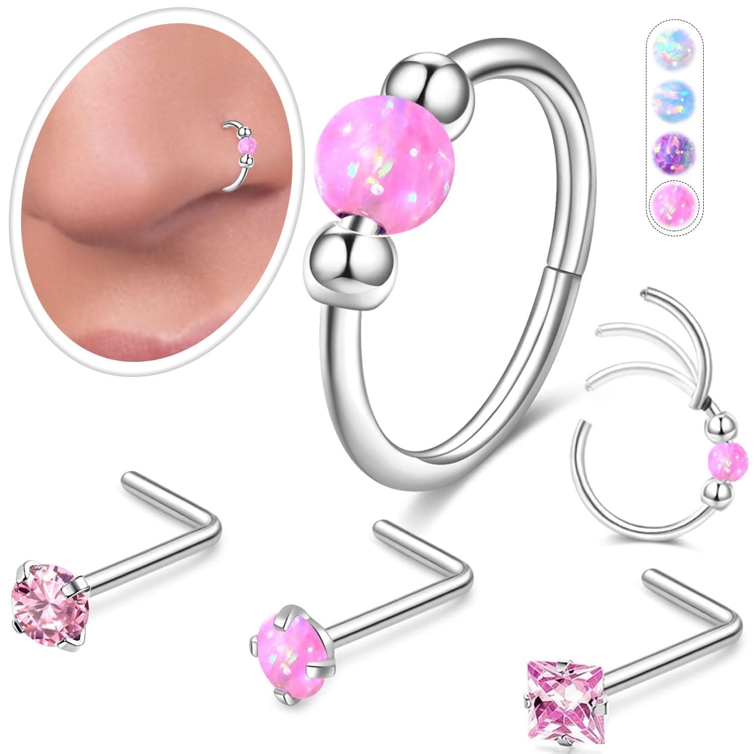 Opal Nose Ring Studs Horseshoe Nose Rings Hoops Stud 316L Stainless Steel Nose Rings Round CZ Square Screw L Shaped Nose Stud Hypoallergenic Nostril Piercing Jewelry for Women Men