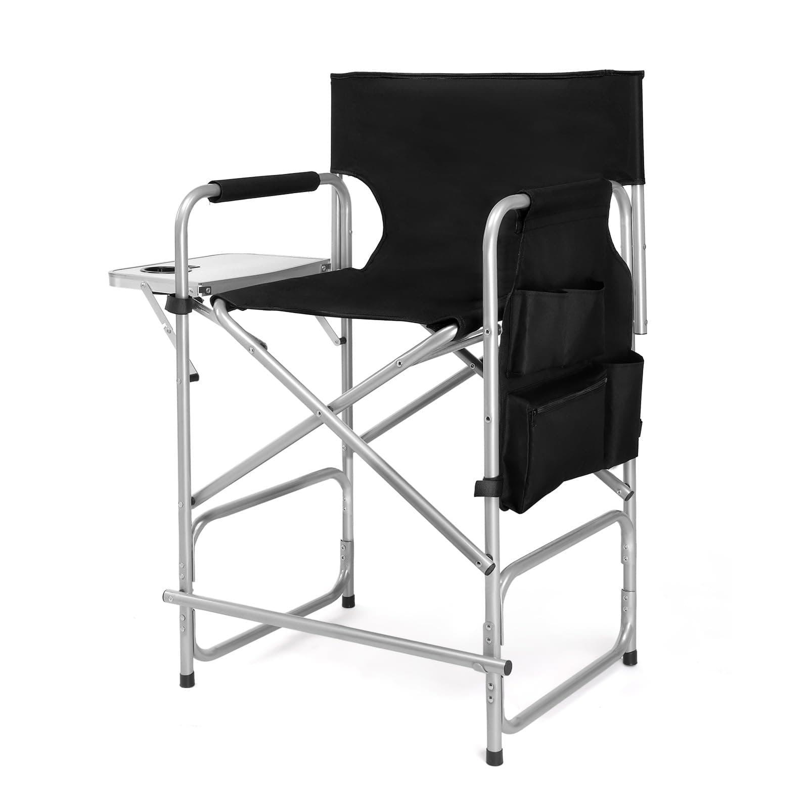 mefeir 26" Tall Folding Directors Chair with Side Table,Portable Makeup Artist Bar Height, Steel Frame 300 lbs Capacity, 19.2" D x 23.6" W x 40.5" H,Black