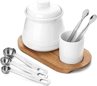 Nucookery Porcelain Sugar Bowl Set – 14 Ounce Large Sugar Jar with Lid and Measuring Spoon – Deluxe Salt Bowl with Spoons – Practical Design with No Notch Lid – Elegant Salt Container White