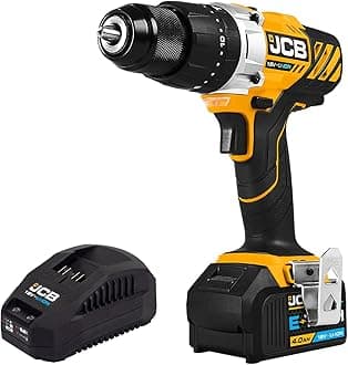 JCB 18V Cordless Combi Drill, 4.0Ah Battery, Fast Charger, Variable Speed & LED Light, 16+3 Position Torque, Rubber Grip Overmould & Belt Clip, 3 Year Warranty