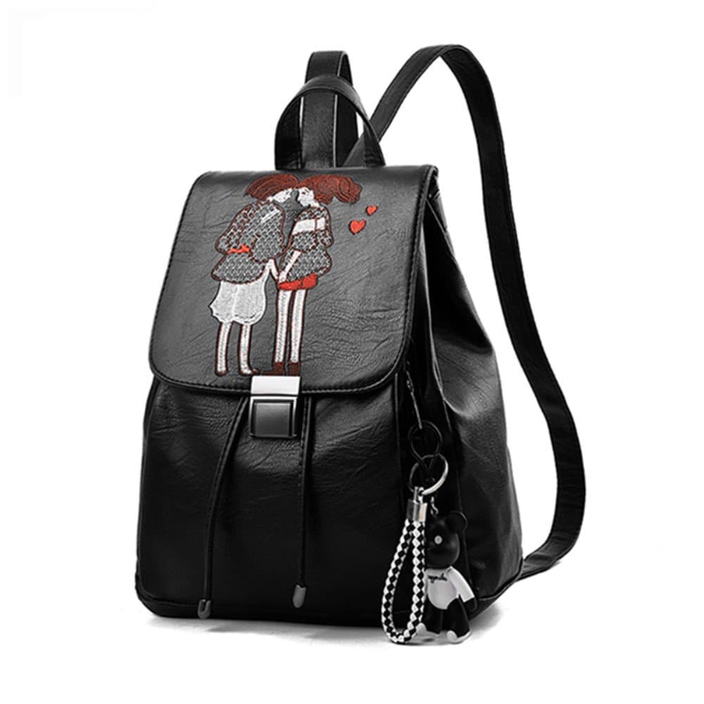 GOWOLD Backpack Ms. tide fashion wild Korean black soft leather pu casual mini shoulder bag character embroidered chest bag 3 optional (Color : A)
