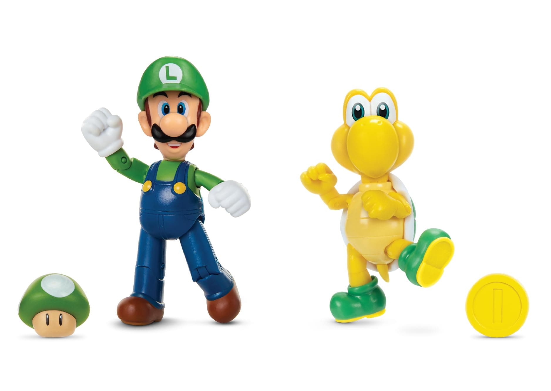 Luigi and Koopa Troopa 4-Inch Action Figure 2-Pack with 1-Up & Gold Coin Accessories, Action Figures Come with Up to 13 Points of Articulation