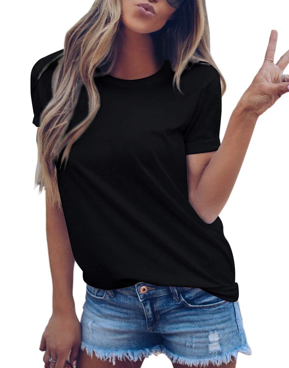 LOVFEE Women's Basic Cotton Crewneck O-Neck Short Sleeve Loose Casual T-Shirts