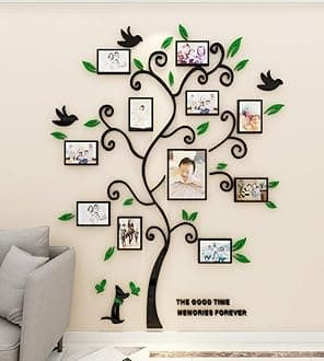 3D Tree Wall Stickers - Family Tree Wall Decor Black Trunk Picture Frame DIY Photo Frame Decals Family Frames Living Room (Green, Medium)
