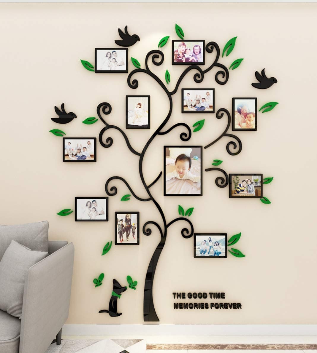 guangmu 3D Tree Wall Stickers - Family Tree Wall Decor Black Trunk Family Tree Picture Frame DIY Photo Frame Wall Decals Family Tree Frames Living Room Wall Decor Wall Decals (Green, X-Large)