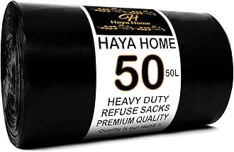 Haya Home 50L 50 Bin Bags Heavy Duty Bin Liners, Black Plastic Refuse Sacks large Garbage Waste Dustbin Bags for Kitchen Home Office DIY Garden from 100% Recycled Material