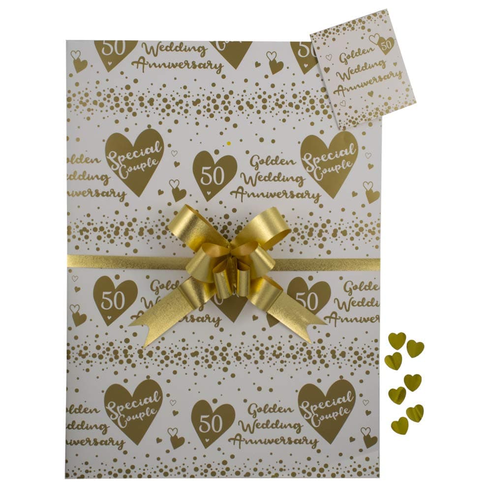OKEPS Golden 50th Anniversary Wrap Pack, 2 Gift Paper Wrapping Sheets 2 Tags 2 Pull Bows and a Sprinkling of Gold Heart Confetti, Arrives in an A4 Boarded Envelope for Protection,